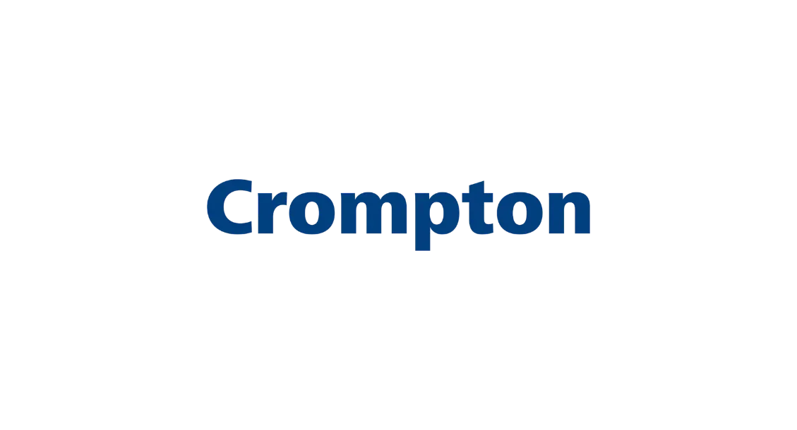 Crompton logo in bold blue font on a transparent background, electronics category