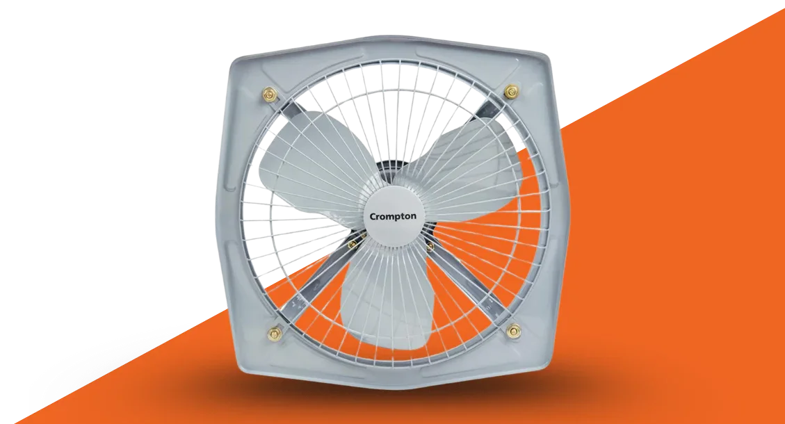 Square white exhaust fan with three blades and front grill on a split orange background