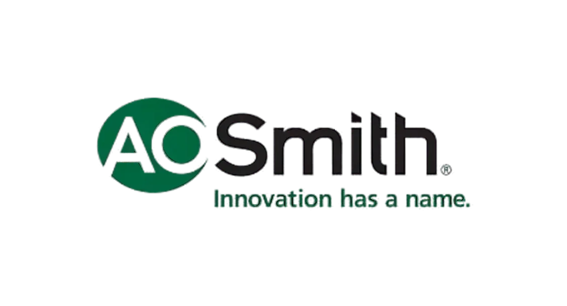Green and black logo with text 'AO Smith, Innovation has a name.' on transparent background.