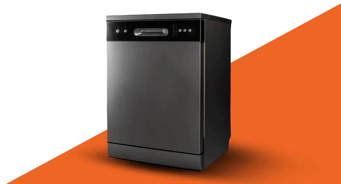 Modern freestanding black dishwasher with digital controls on orange background