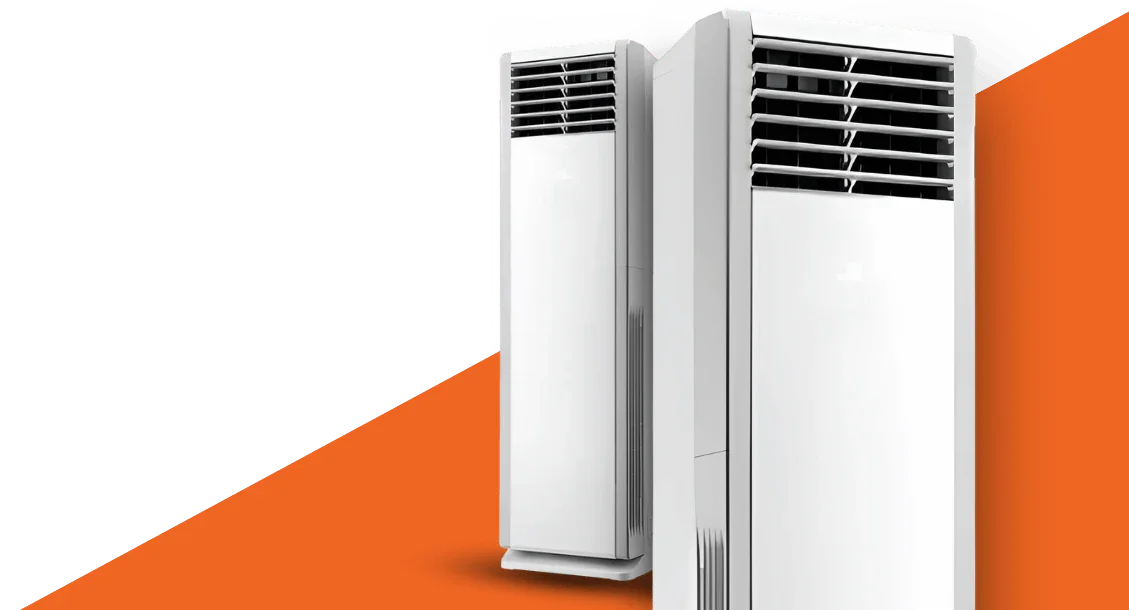Fixed speed tower air conditioners with front air vents on an orange and green background