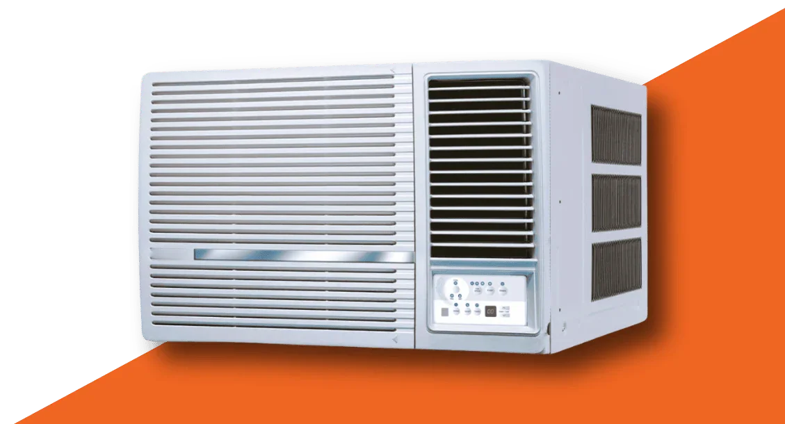 Inverter window air conditioner with control panel, white finish on orange background