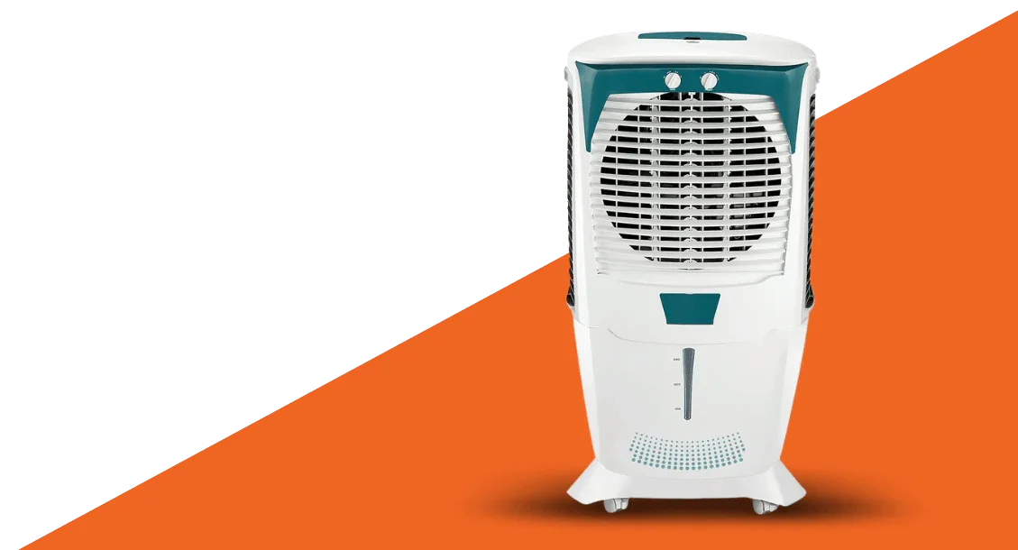 Desert air cooler with white and teal body, large fan grill, on orange and green background