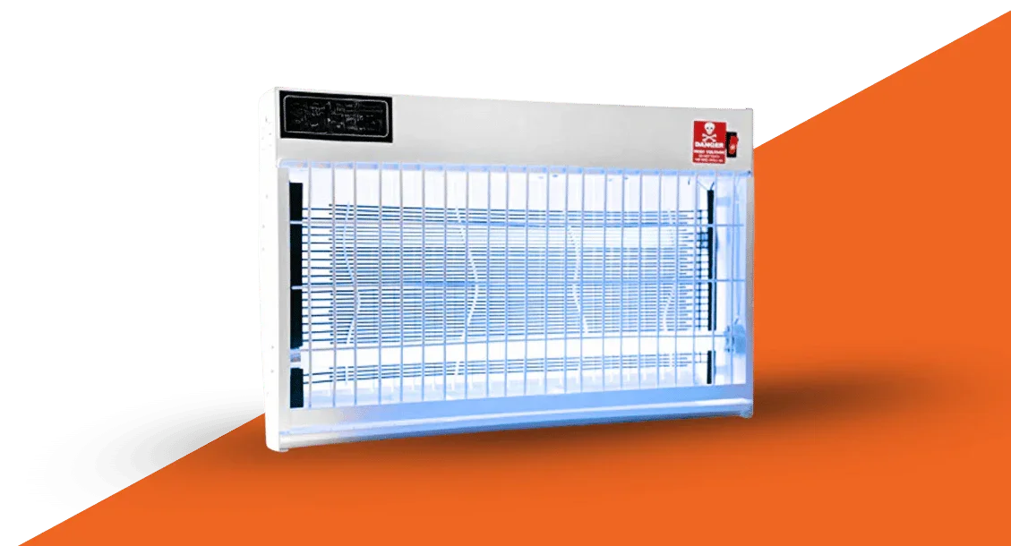 Electric insect killer machine with protective grill and glowing UV lights against orange background