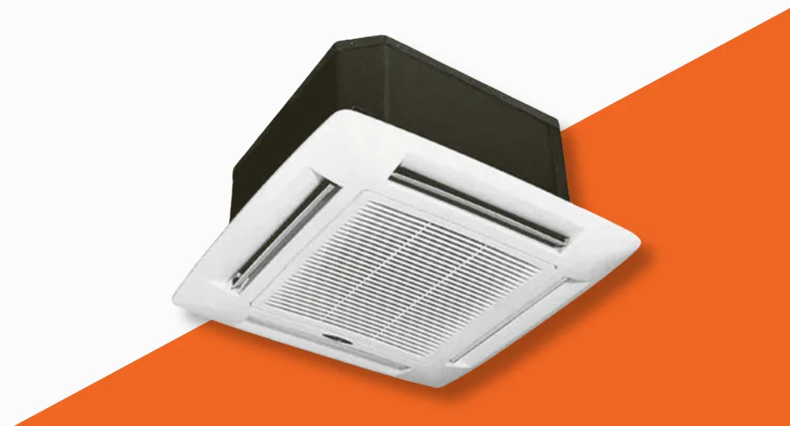 Ceiling-mounted inverter cassette air conditioner with white grille and black panel.