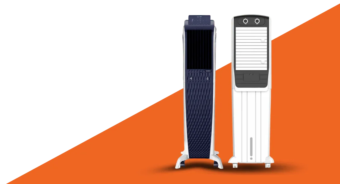 Two tower air coolers standing side by side on a green and orange background