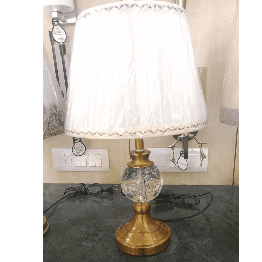 Table Lamp Cotton Fabric Shade Self Design Bedside Standard Night Light (White, Gold-Toned)