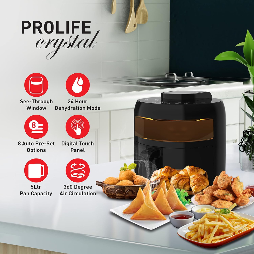 Havells Prolife Crystal, 1500 Watts 5 Litres Touch Screen Electric Air Fryer, Auto Restart Digital Display with Dehydrator Mode 85% Less Oil (Black)