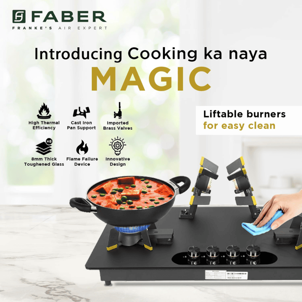 Faber Hob MAGICLIFT HT904 BR CI AI , 4 burner 90 cm Auto Electric Ignition Glass Top Liftable Brass Burners 1 Medium + 2 Small + 1 High (Black)