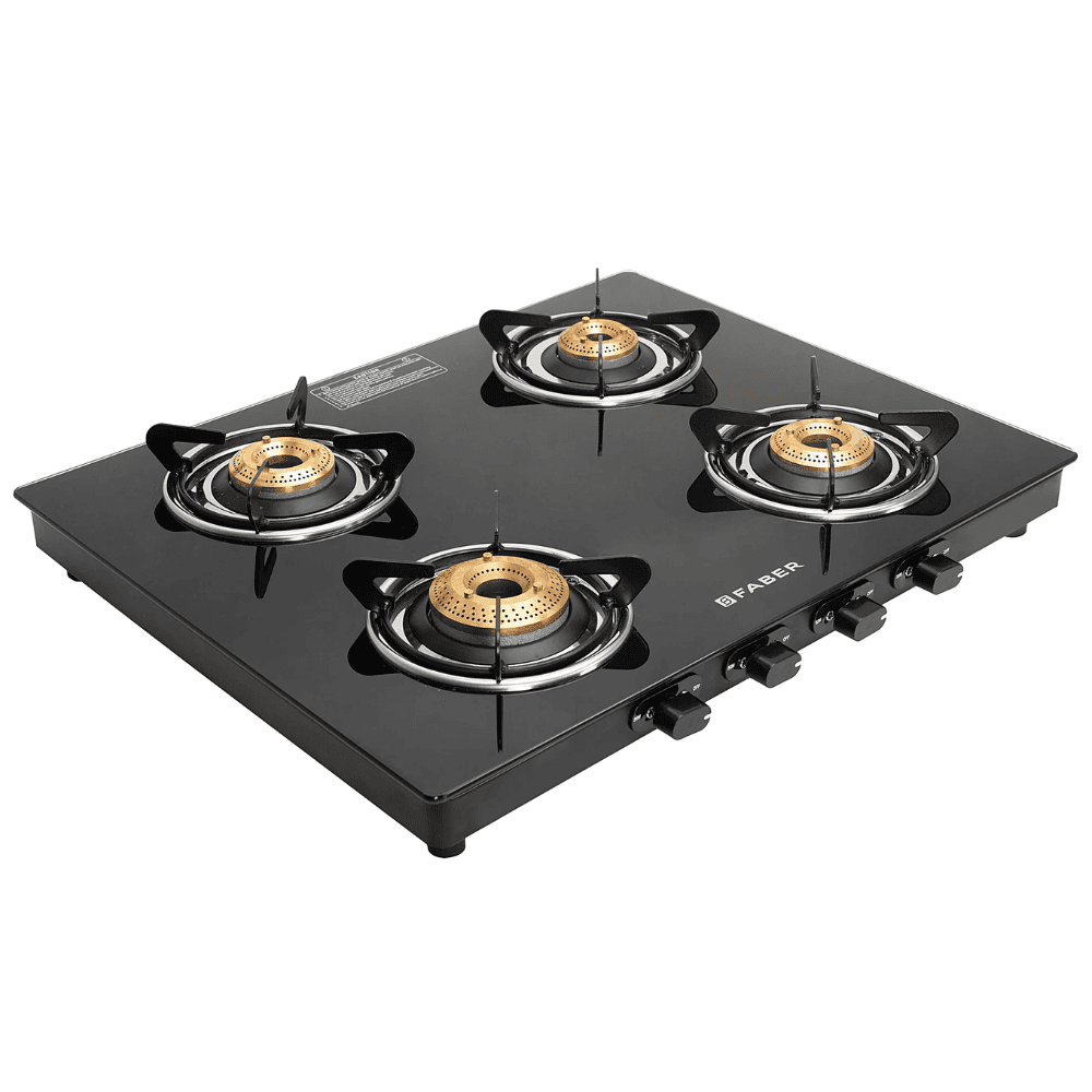 Faber Cooktop, SPARK 4BB BK, 4 Burner Auto Manual Glass Top Brass Burner 1 Big + 2 Medium + 1 small Gas Stove (Black)