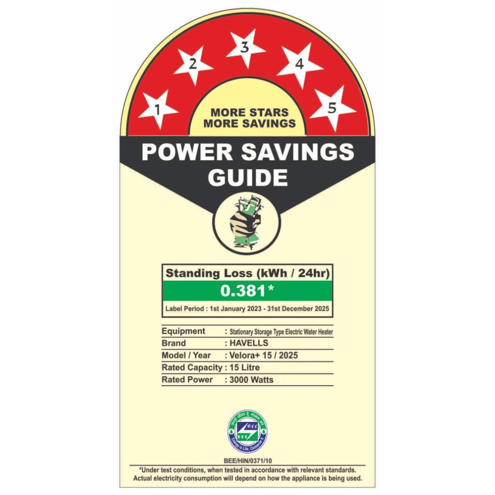 Havells 15 Ltrs Vertical Storage 5 Star Water Heater Geyser (VELORA+, White)