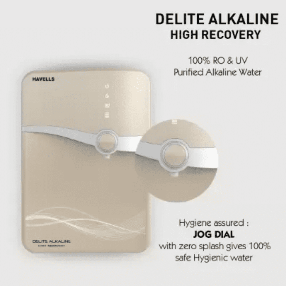 Havells Delite HR, 6.5 Ltrs Alkaline High Recovery RO + ECO + UV Alkaline Water Purifier, Beige & Silver