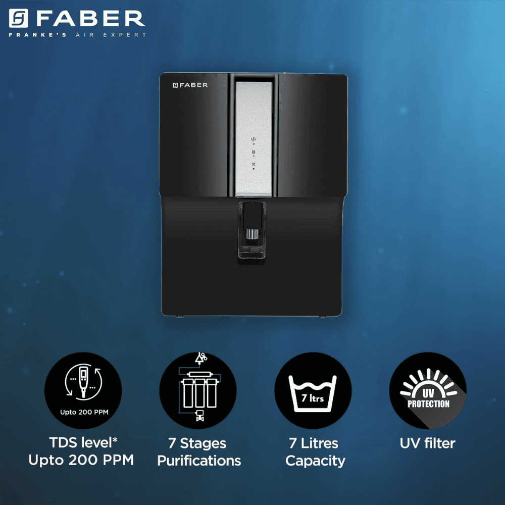 Faber XUV 8000 Alkaline, 7 Ltrs Storage RO + UV + UF Wall Mountable Water Purifier, Black