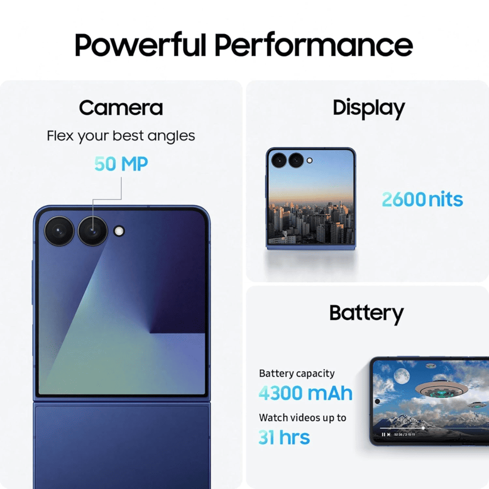 Samsung Galaxy Z Flip7 5G AI Smartphone with Ultra Sleek Design (Blue Shadow, 12GB RAM, 512GB Storage)