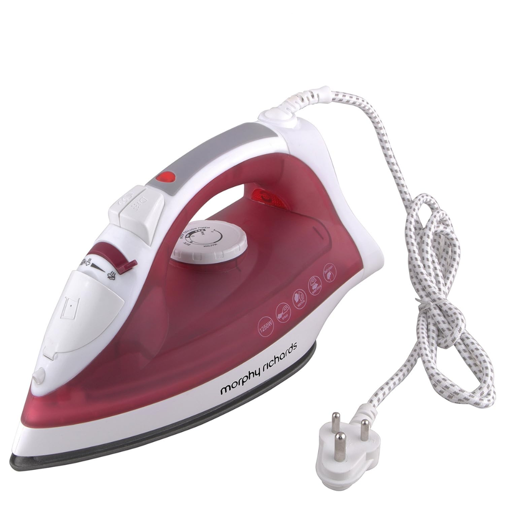 Morphy Richards Plastic Glide, 1250 Watts Steam Iron with Steam Burst, Non-Stick Coated Soleplate (White & Red)