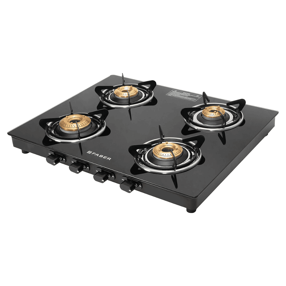 Faber Cooktop, SPARK 4BB BK, 4 Burner Auto Manual Glass Top Brass Burner 1 Big + 2 Medium + 1 small Gas Stove (Black)