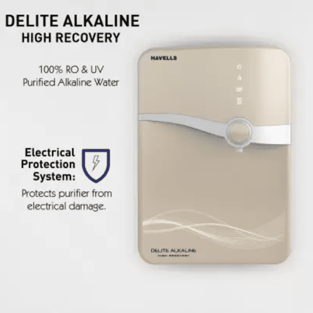 Havells Delite HR, 6.5 Ltrs Alkaline High Recovery RO + ECO + UV Alkaline Water Purifier, Beige & Silver