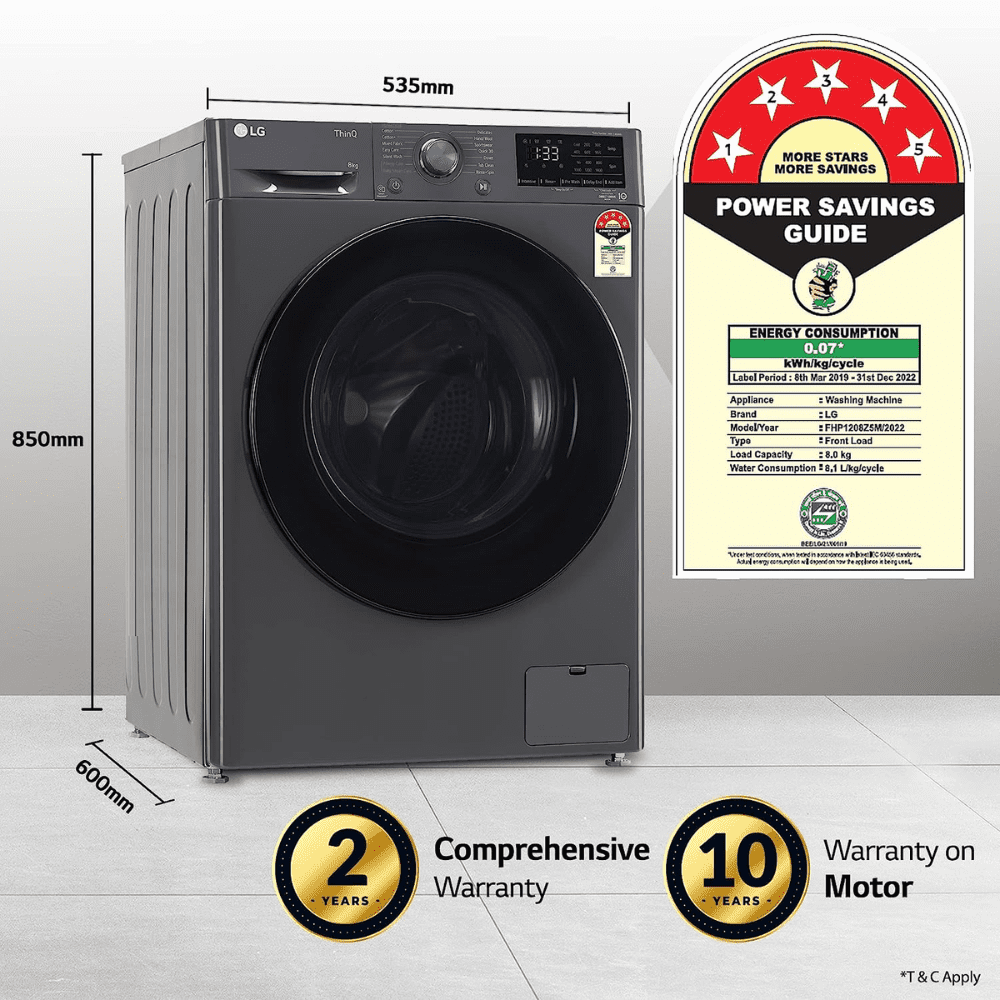 LG 8 Kg 5 Star Inverter Wi-Fi Fully-Automatic Front Load Washing Machine (FHP1208Z5M, Middle Black)