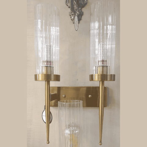 Wall Gold Antique Metal & Amber Glass Double Light Living Room (Gold)