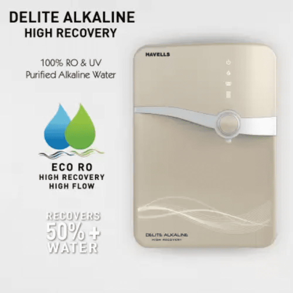 Havells Delite HR, 6.5 Ltrs Alkaline High Recovery RO + ECO + UV Alkaline Water Purifier, Beige & Silver