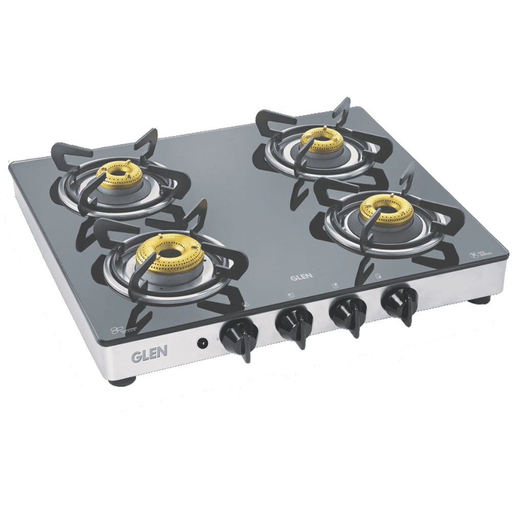 Glen Cooktop, 1042 GT AI FORGED BB MIRROR, 4 Burner 60 cm Manual Ignition Glass Top Mild Steel Burners 4 Medium Gas Stove (Black)
