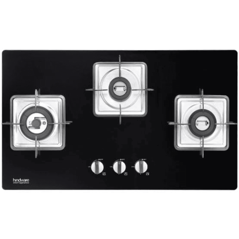 Hindware Hob , ROSIA PLUS 3B 76, 3 Burner 76 cm Auto Toughened Glass Stainless Steel Burners 1 Medium + 1 small +1 High with Bakelite Knobs (Black)