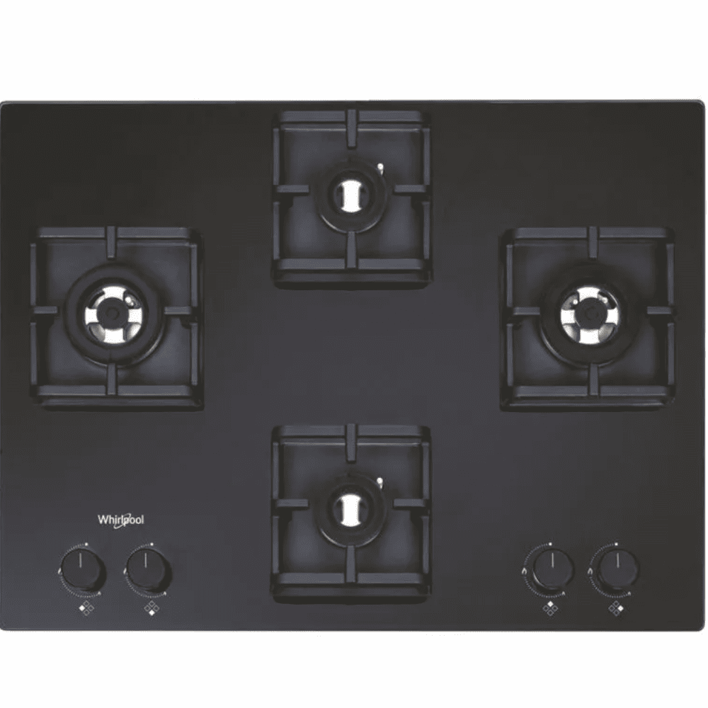 Whirlpool Hob, SMART SEAL HYBRID 704, 4 burner 70 cm Auto Ignition Glass Top Full Brass Burners 2 Medium + 1 Small + 1 High Gas Stove (Black)