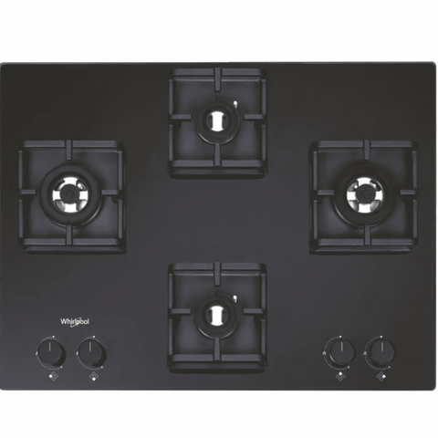 Whirlpool Hob, SMART SEAL HYBRID 704, 4 burner 70 cm Auto Ignition Glass Top Full Brass Burners 2 Medium + 1 Small + 1 High Gas Stove, Heavy Duty Multi-flame with Round Metallic Knobs(Black)