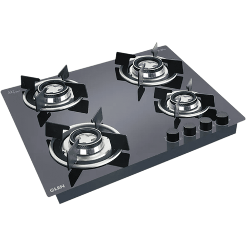 Glen Hob , 1064 RO HT DB, 4 Burner 64 cm Auto Ignition Glass Stainless Steel Burners 2 Medium + 1 small +1 High (Black)