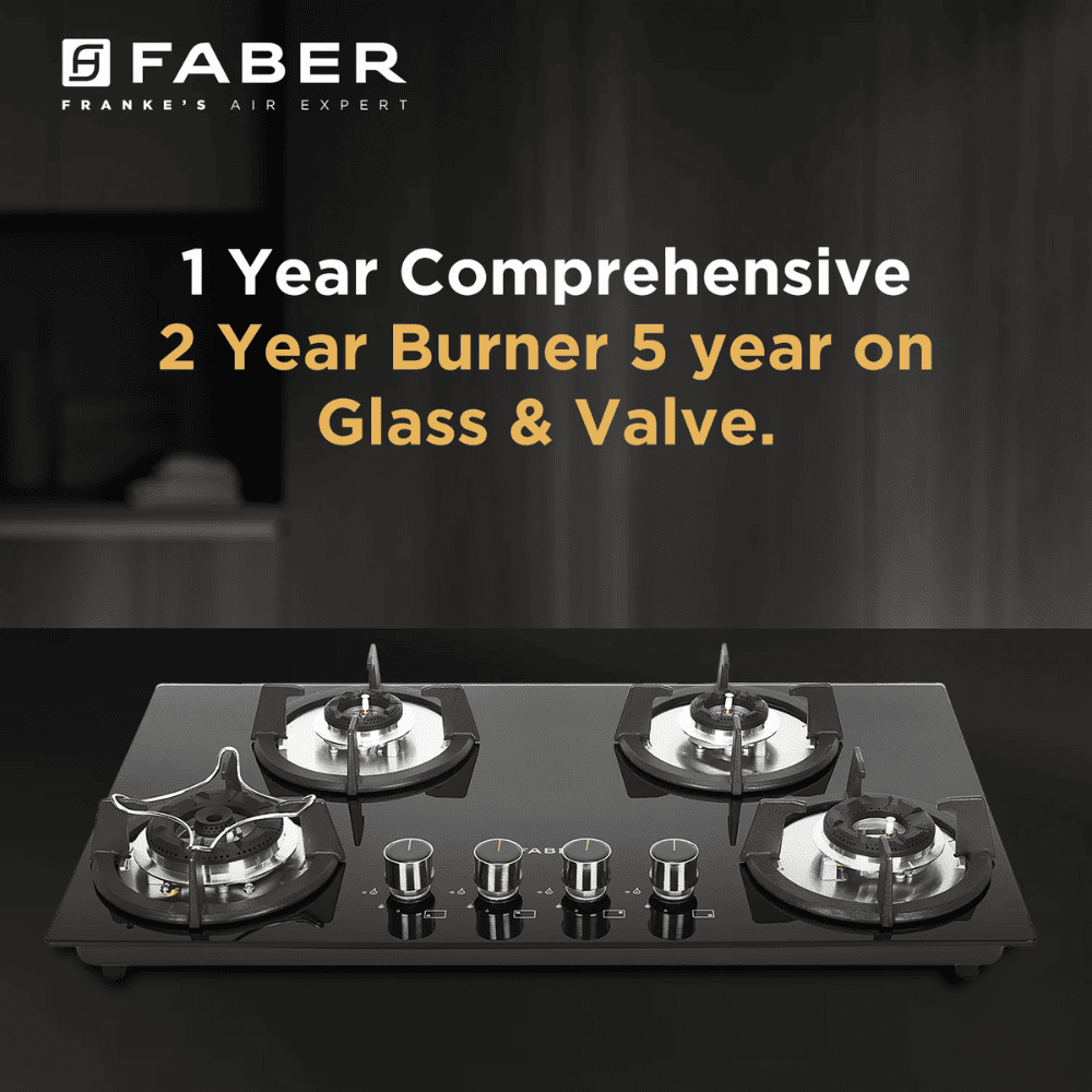 Faber Hob SUPERIA HT764 BR AI, 4 burner 90 cm Auto Ignition Glass Top Full Brass Burners 2 Medium + 1 Small + 1 High Gas Stove (Black)