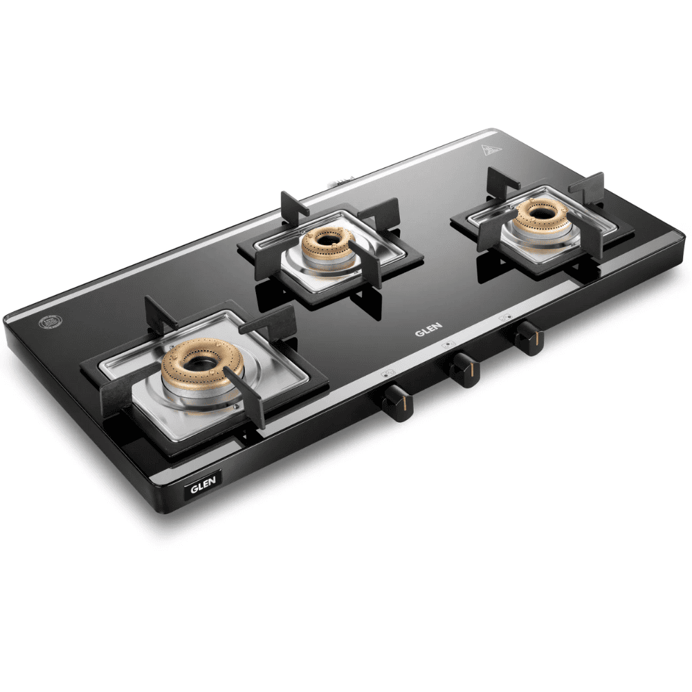 Glen Cooktop, 1035 ULTRA SLIM BLK AI, 3 Burner Auto Manual Ultra Slim Apricot Glass Top Brass Burner 1 Medium + 1 small +1 High Flame Gas Stove (Black)