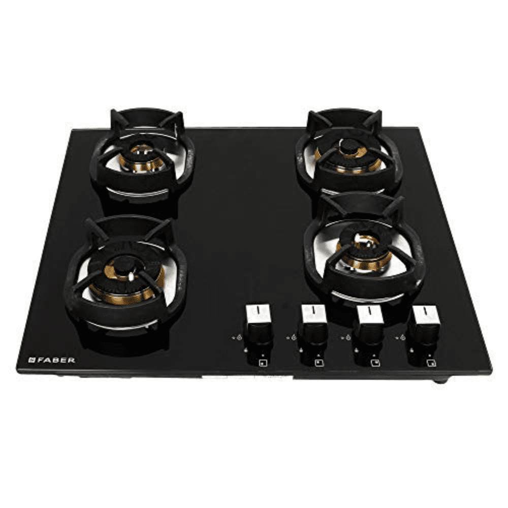 Faber Hob Nexus IND HT604 CRS BR CI AI, 4 Burner 60 cm Auto Electric Ignition Glass Top Brass Burners 4 Medium Gas Stove (Black)