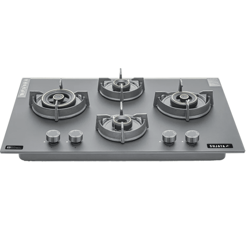 Sujata Hob, 4 Burner 90 cm Glass Top Brass Burner 1 Larg + 1 Medium + 2 small (Palladium FB 4B90CR, Black)
