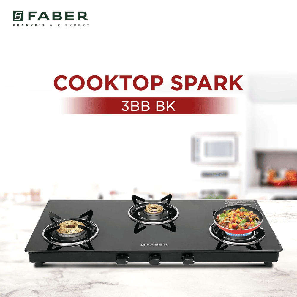 Faber Cooktop, SPARK 3 BB BK, 3 Burner cm Auto Manual Glass Top Stainless Steel Burner 1 Big + 1 Medium + 1 small Gas Stove (Black)