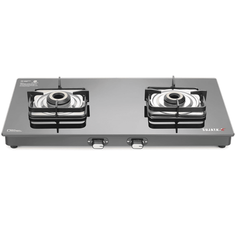 Sujata Cooktop Classic, 2 Burner Glass Top Auto Ignition Brass Burner Gas Stove (Black)