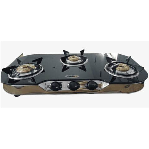 Hindware Cooktop, APEX 3B, 3 Burner Auto Ignition Glass Top Forged Brass Burner 1 Big + 1 Medium + 1 small Gas Stove (Black)