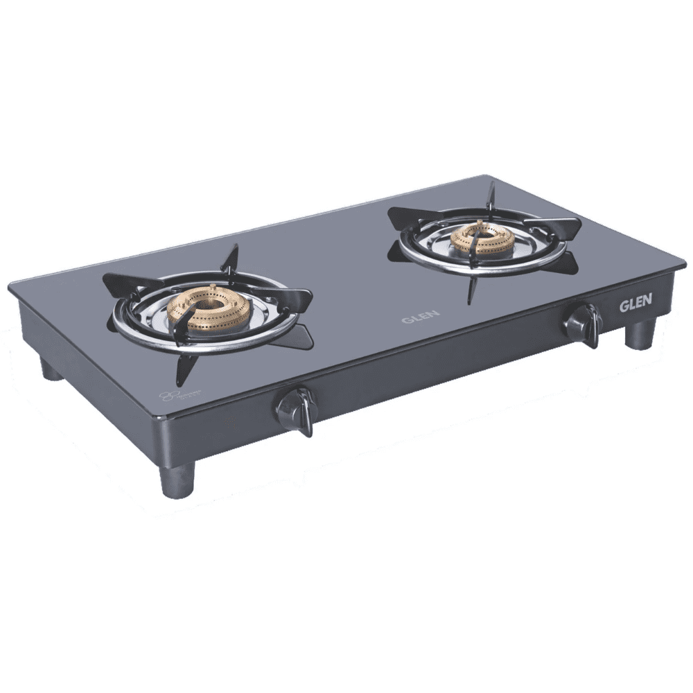 Glen Cooktop, 1020 GT BB BLK, 2 Burner 60 cm Auto Ignition Glass Top Brass Burners 2 Medium Gas Stove (Black)