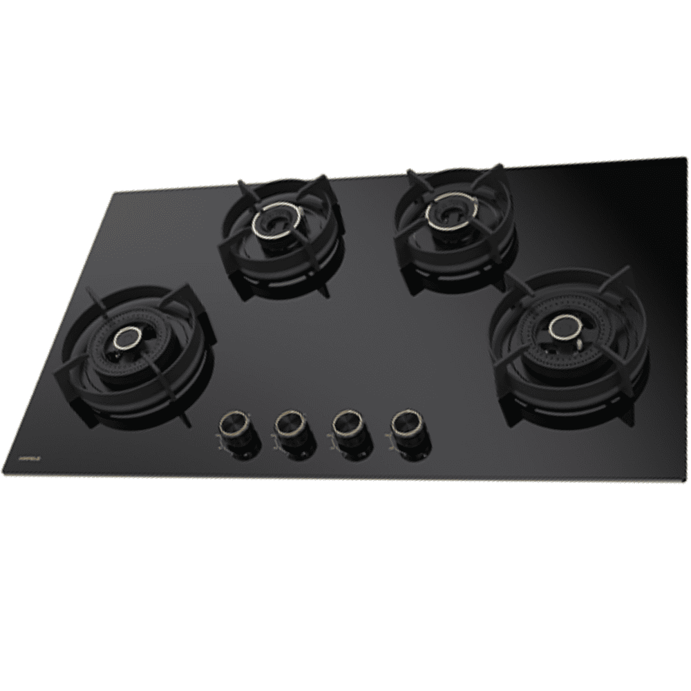 Hafele Hob, VESTA 490, 4 burner 90 cm Auto Ignition Glass Top Full Brass Burners 2 Medium + 2 Small Gas Stove (Black)