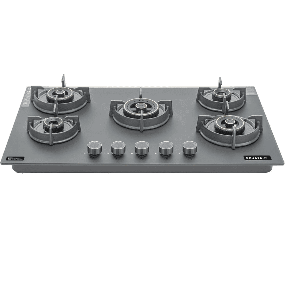 Sujata Hob, 5 Burner 86 cm Auto Ignition Glass Top Brass Burner 1 Larg + 2 Medium + 2 small (Palladium FB 5B86 FFD, Black)