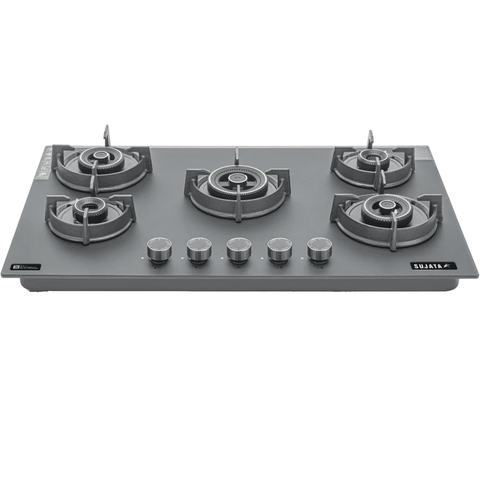 Sujata Hob, 5 Burner 86 cm Auto Ignition Glass Top Brass Burner 1 Larg + 2 Medium + 2 small (Palladium FB 5B86 FFD, Black)