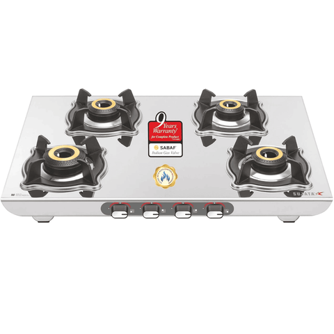 Sujata Cooktop Sterno AI, 4 Burner Auto Ignition Stainless Steel Glossy SS Body Gas Stove (Silver)