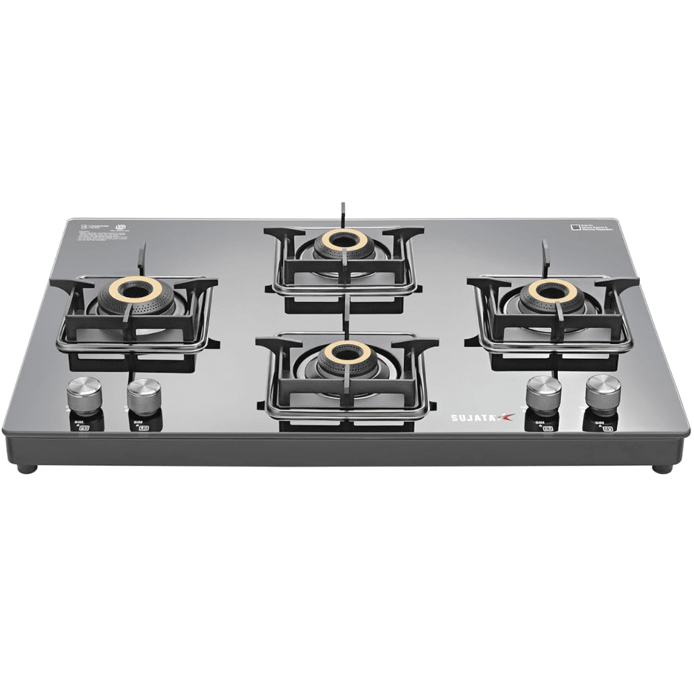 Sujata Cooktop Cross AI, 4 Burner Ultra-Thick Toughened Glass Top Auto Ignition Brass Burner Gas Stove (Black)