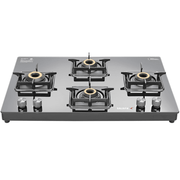 Sujata Cooktop Cross AI, 4 Burner Ultra-Thick Toughened Glass Top Auto Ignition Brass Burner Gas Stove (Black)