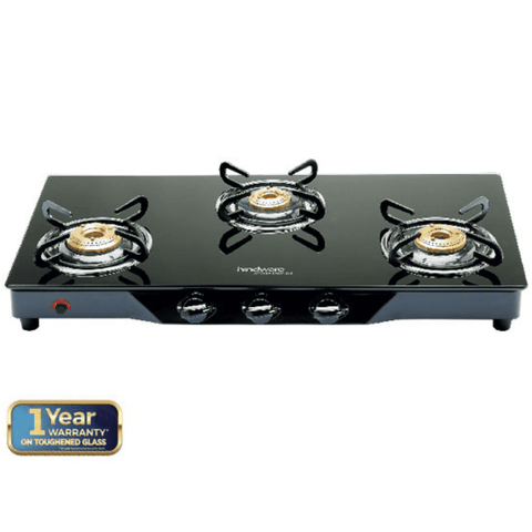 Hindware Cooktop, ARMO GL 3B BLK, 3 Burner Auto Manual Ignition Glass Top Brass Burner 1 Big + 1 Medium + 1 small Gas Stove (Black)