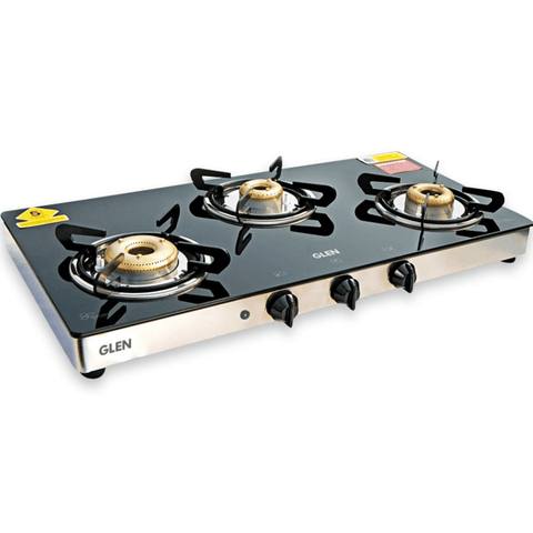 Glen Cooktop,1033 GT XL FB DD BLK AI, 3 Burner cm Auto Manual Glass Top Brass Burner, 1 Medium + 1 small + High Flame Extra Large (Black)