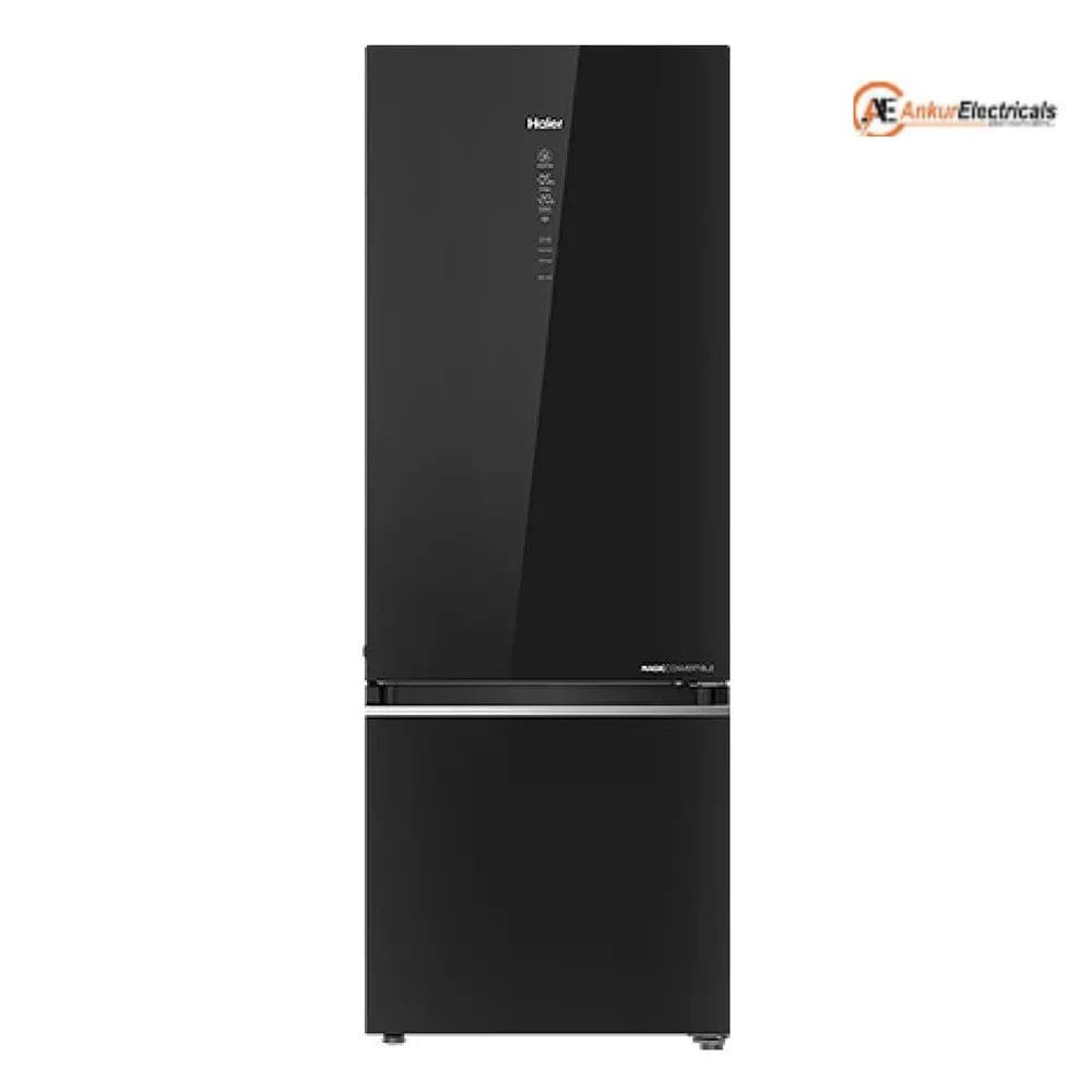 Haier 355 Ltrs, 2 Star Frost Free Double Door Bottom Mount Refrigerator (HRB 4052PKGA P, Black Glass)