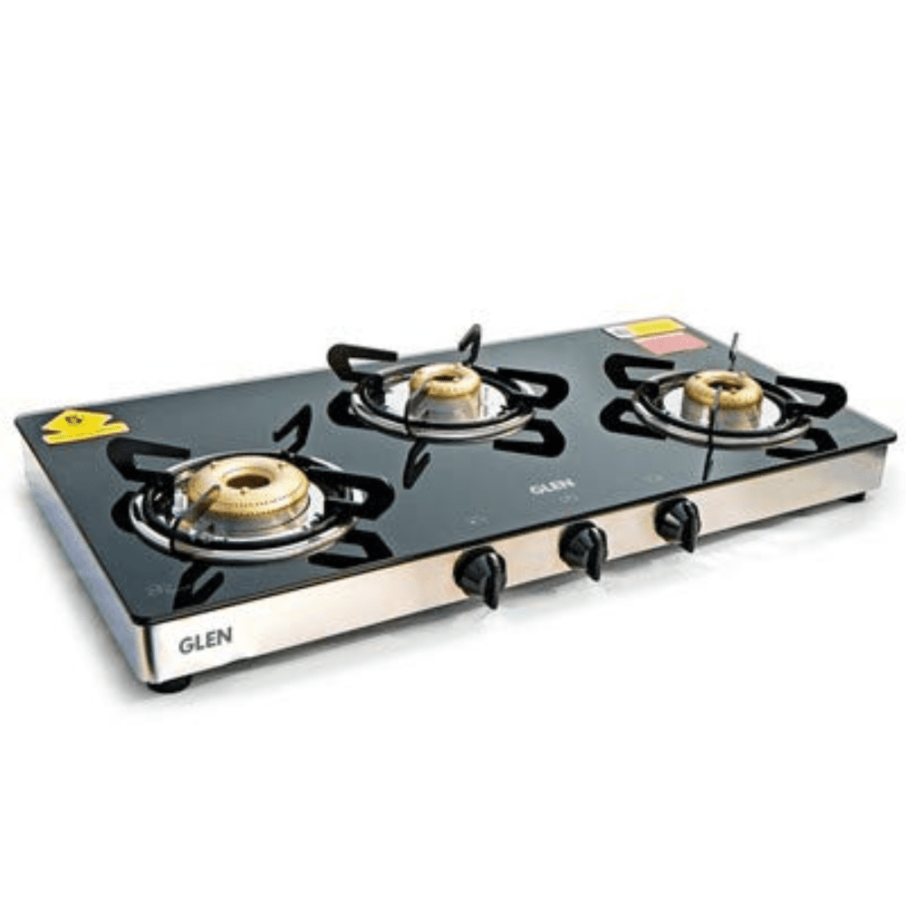 Glen Cooktop, 1037 GT BB Blk 3 Burner 72 cm Manual Ignition Glass Top Brass Burners 3 Medium Gas Stove (Black)