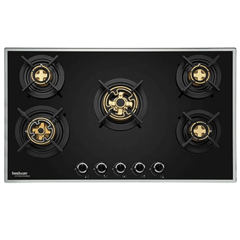 Hindware Hob, CAMELIA 5B 86 CM, 5 Burner 86 cm Auto Ignition Glass Top Brass Burner 1 Medium +1 High Flame + 3 Small Gas Stove (Black)