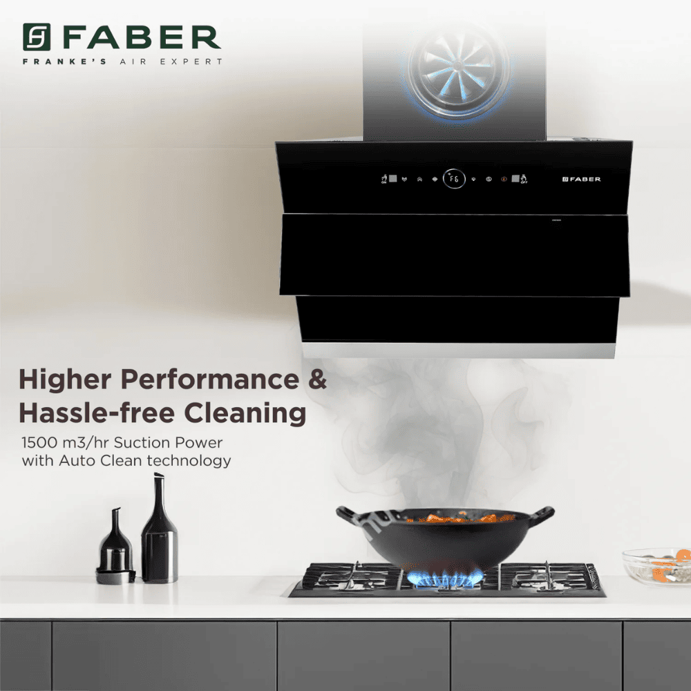 Faber COMET BLDC FL HC, 60 cm 1500 m3/hr Heat Auto Clean Wall Mounted Curved Glass Kitchen Chimney (Black)