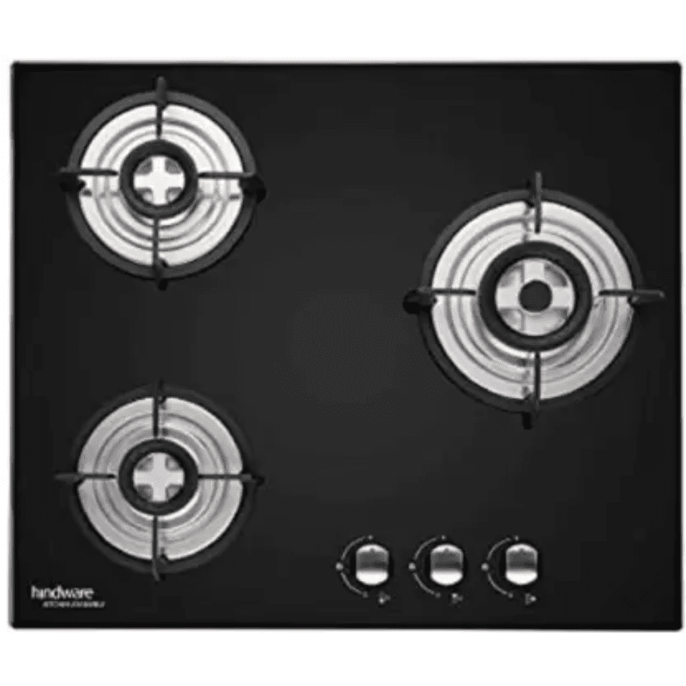 Hindware Hob, NORA PLUS 3B 60CM, 3 Burner 60 cm Auto Ignition Glass Top Stainless Steel Burners 2 Medium + 1 Small Gas Stove (Black)